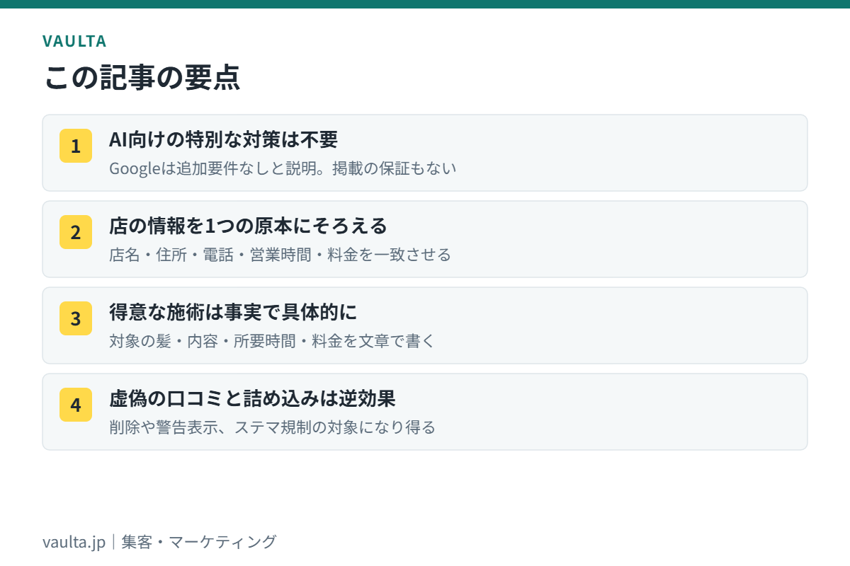 美容室のAI検索対策の要点|AIが参照する店の情報を正確・具体的・同じ内容にそろえる