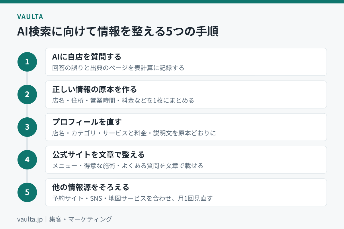 美容室がAI検索に向けて店の情報を整える5つの手順のフロー図