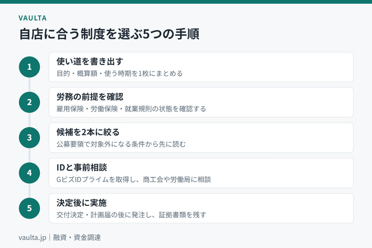 美容室が補助金・助成金を選ぶ5つの手順のフロー図