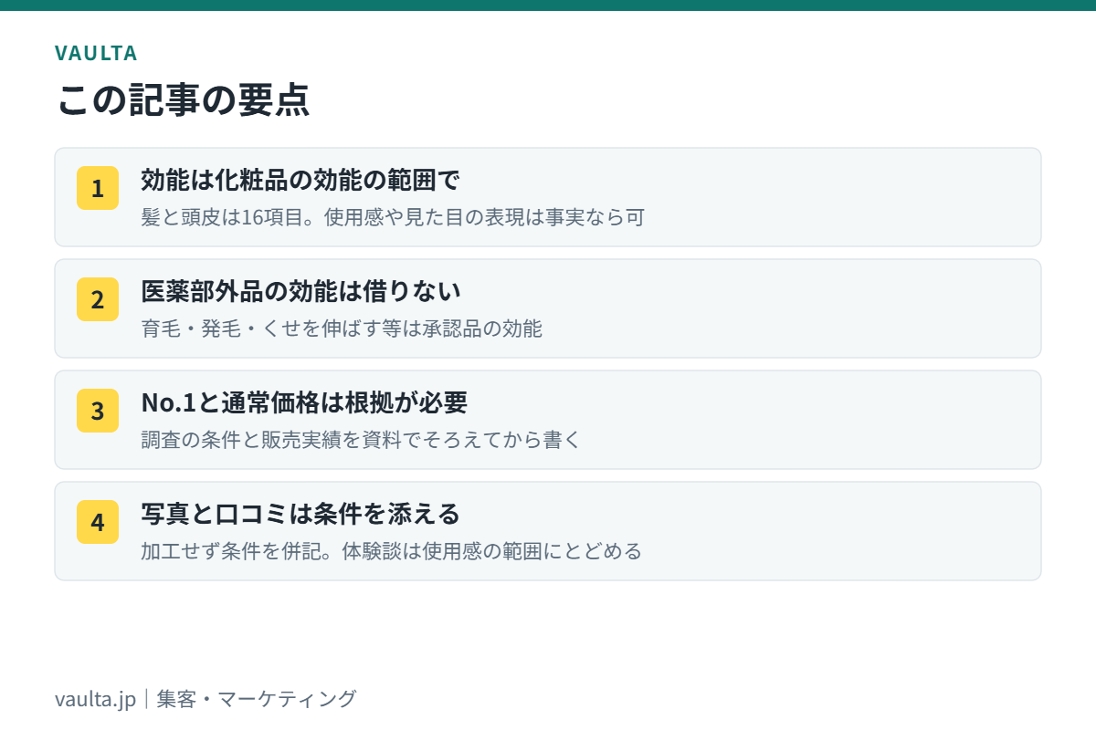 美容室の広告・SNSで使えない表現の要点|効能は化粧品の範囲で書き、比較と価格は根拠を持って書く