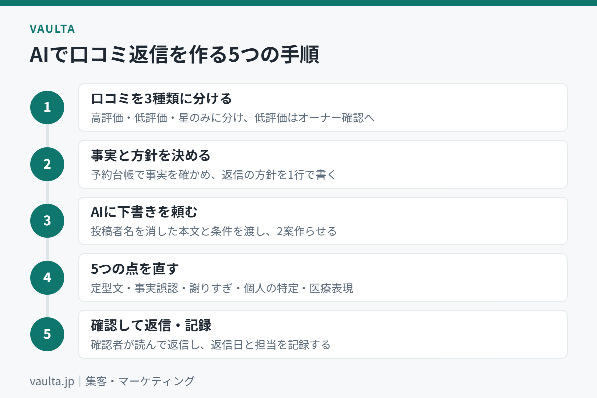 美容室の口コミ返信をAIで下書きして送るまでの5つの手順のフロー図