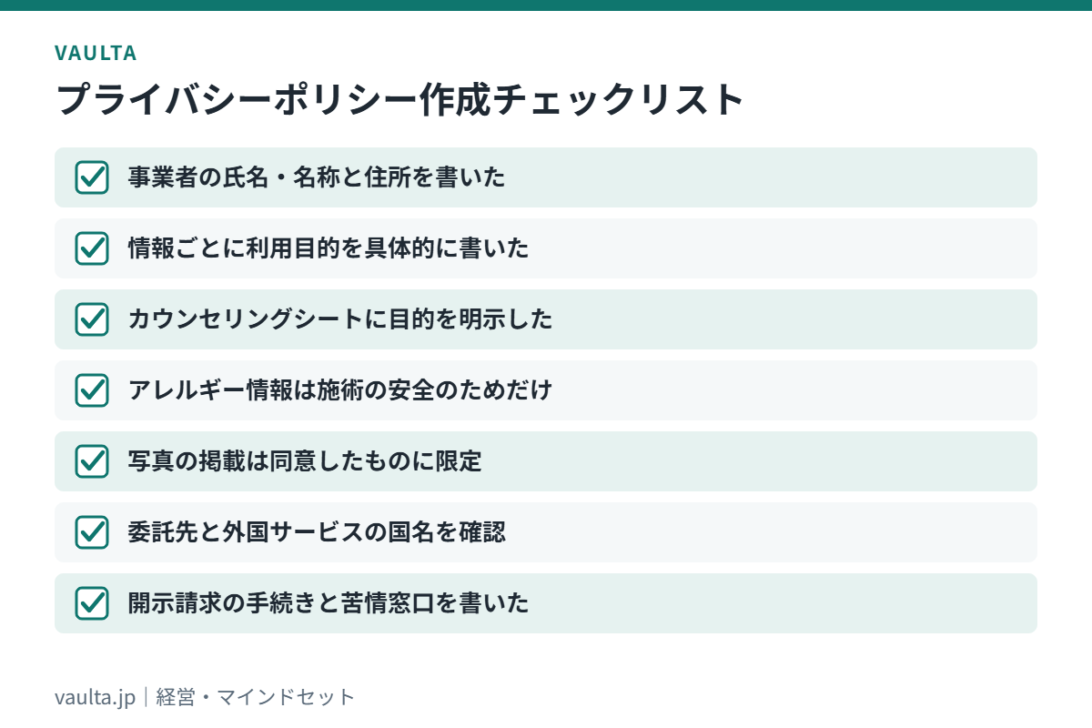 美容室のプライバシーポリシー作成チェックリスト