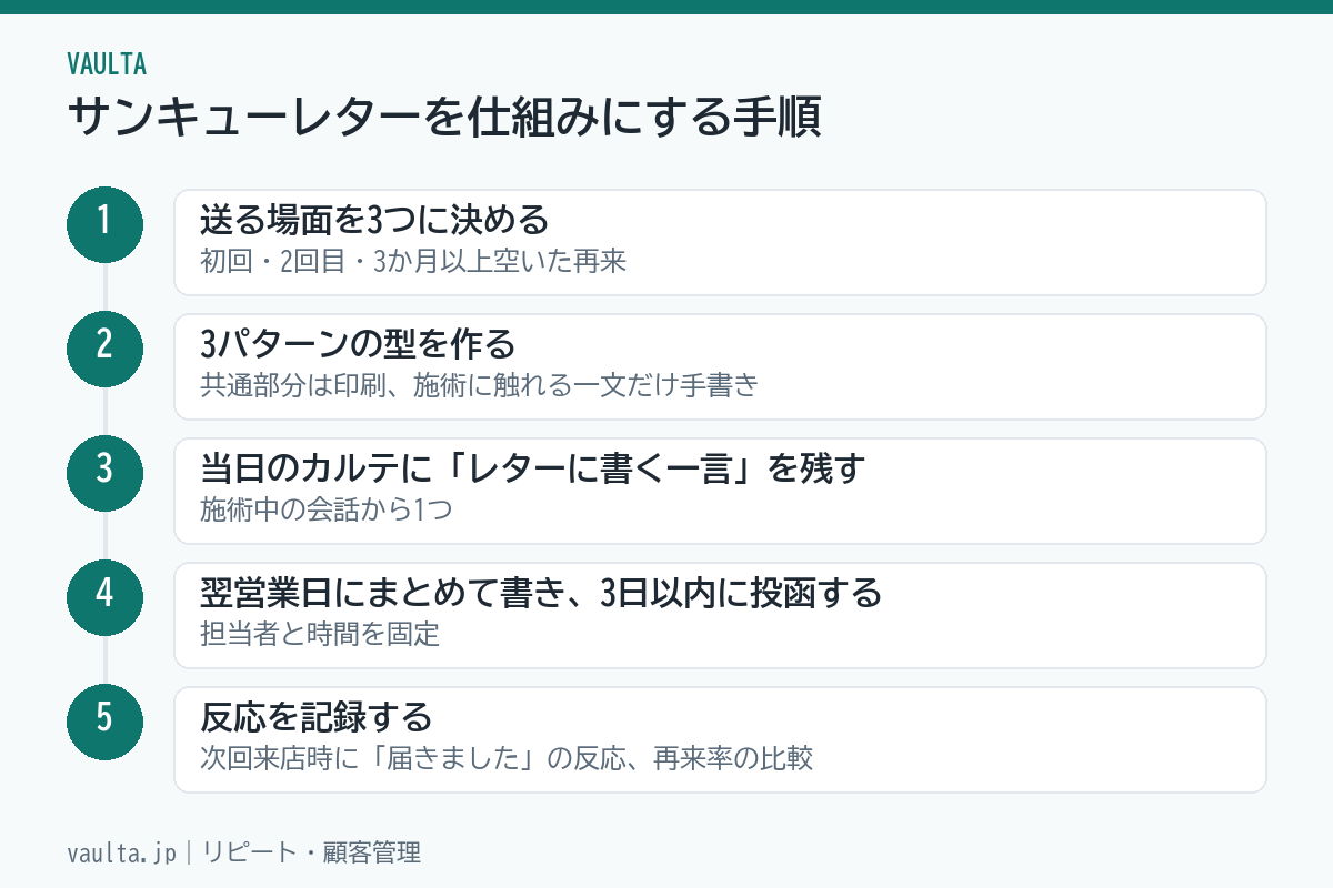 美容室のサンキューレターを仕組みにする5ステップのフロー図